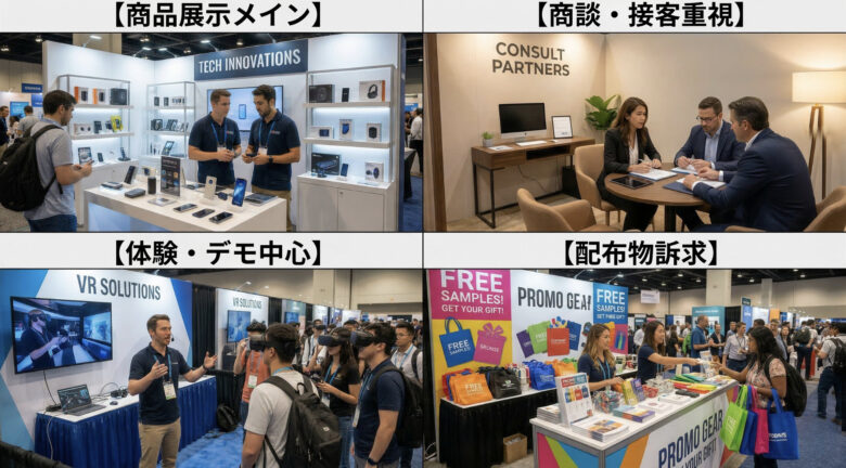 ブースの「型式」について | 商品展示メイン・商談接客重視・体験デモ中心・配布物訴求
